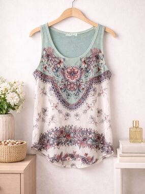 Gaze USA Boho Floral Tank Top Mint Sage Flowy Lightweight
